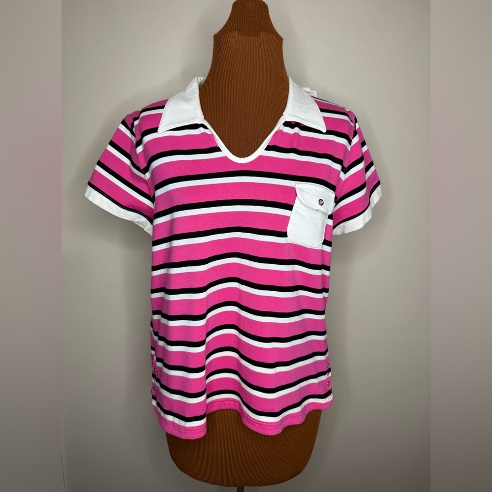 NWT Liz Claiborne Striped Pink and Black Polo Style Top Size Large